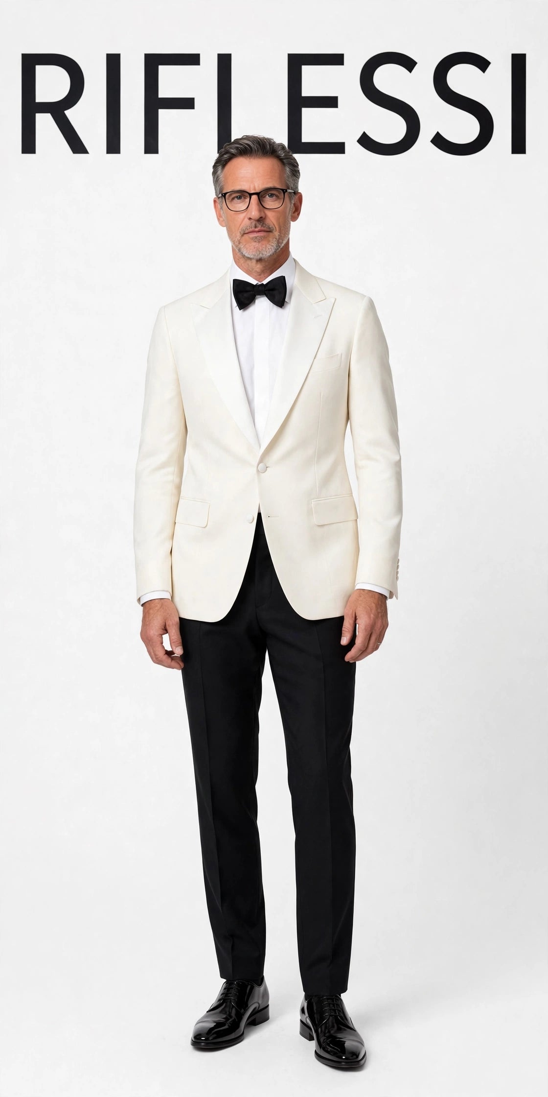 White cashmere tuxedo jacket - model, white backdrop