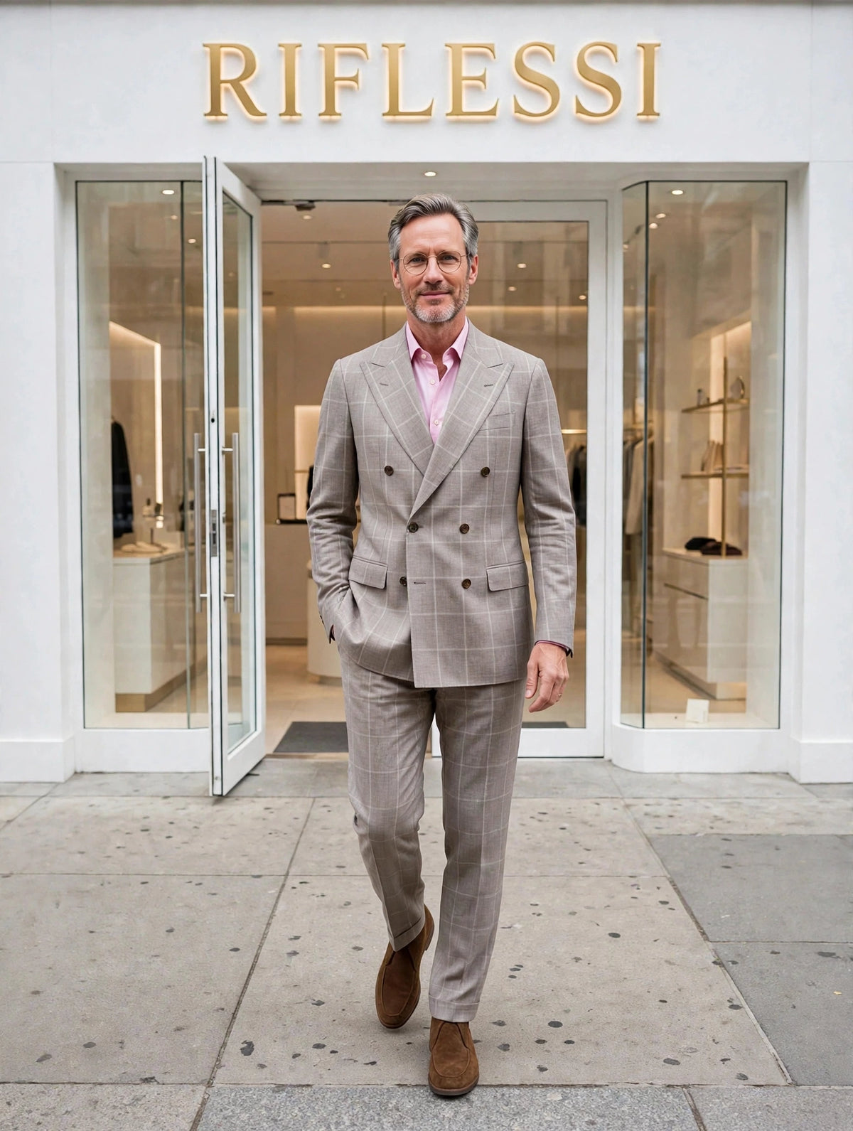 Sartorio suit on model, white shirt