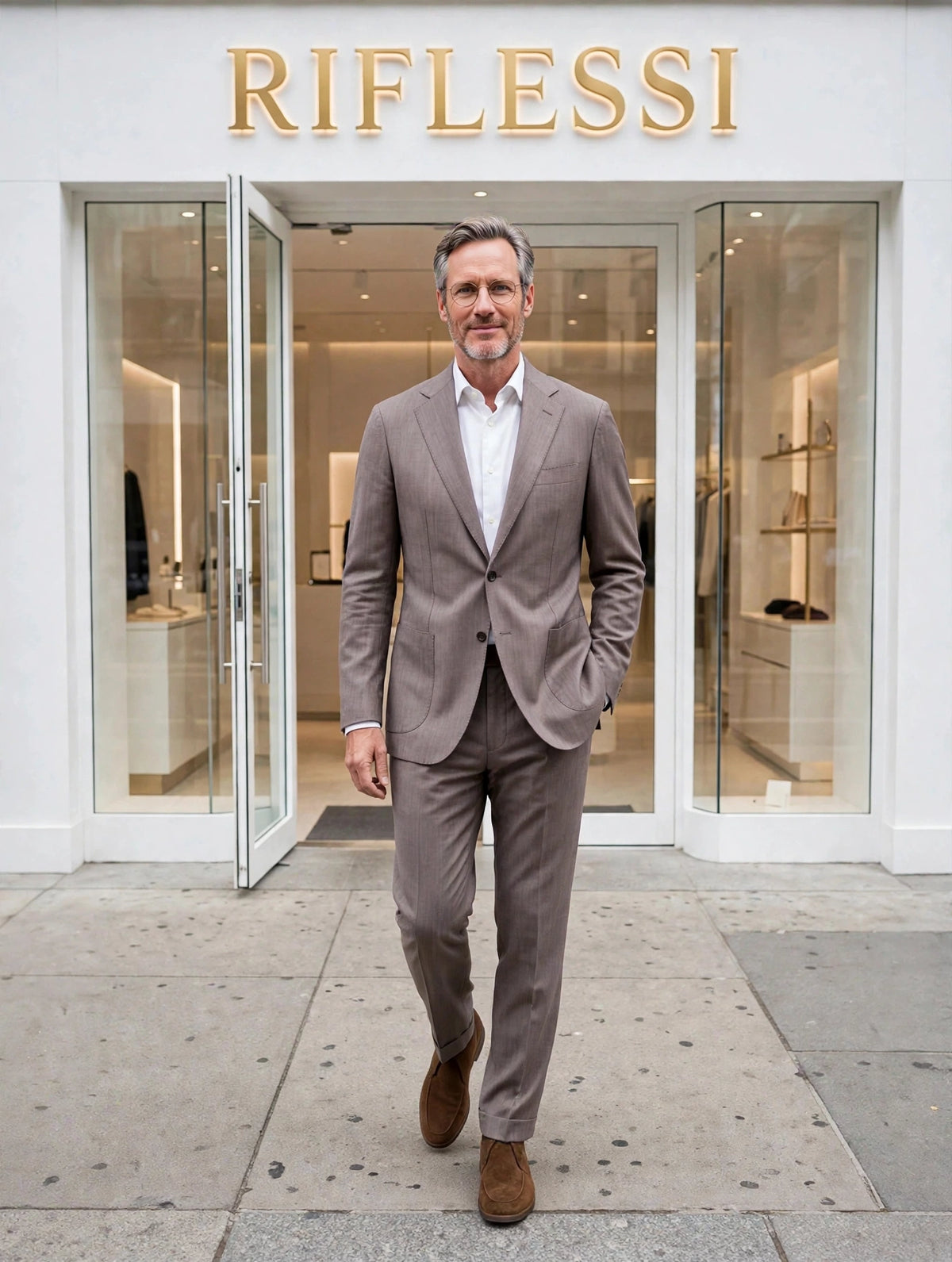 Sartorio suit on model, white shirt