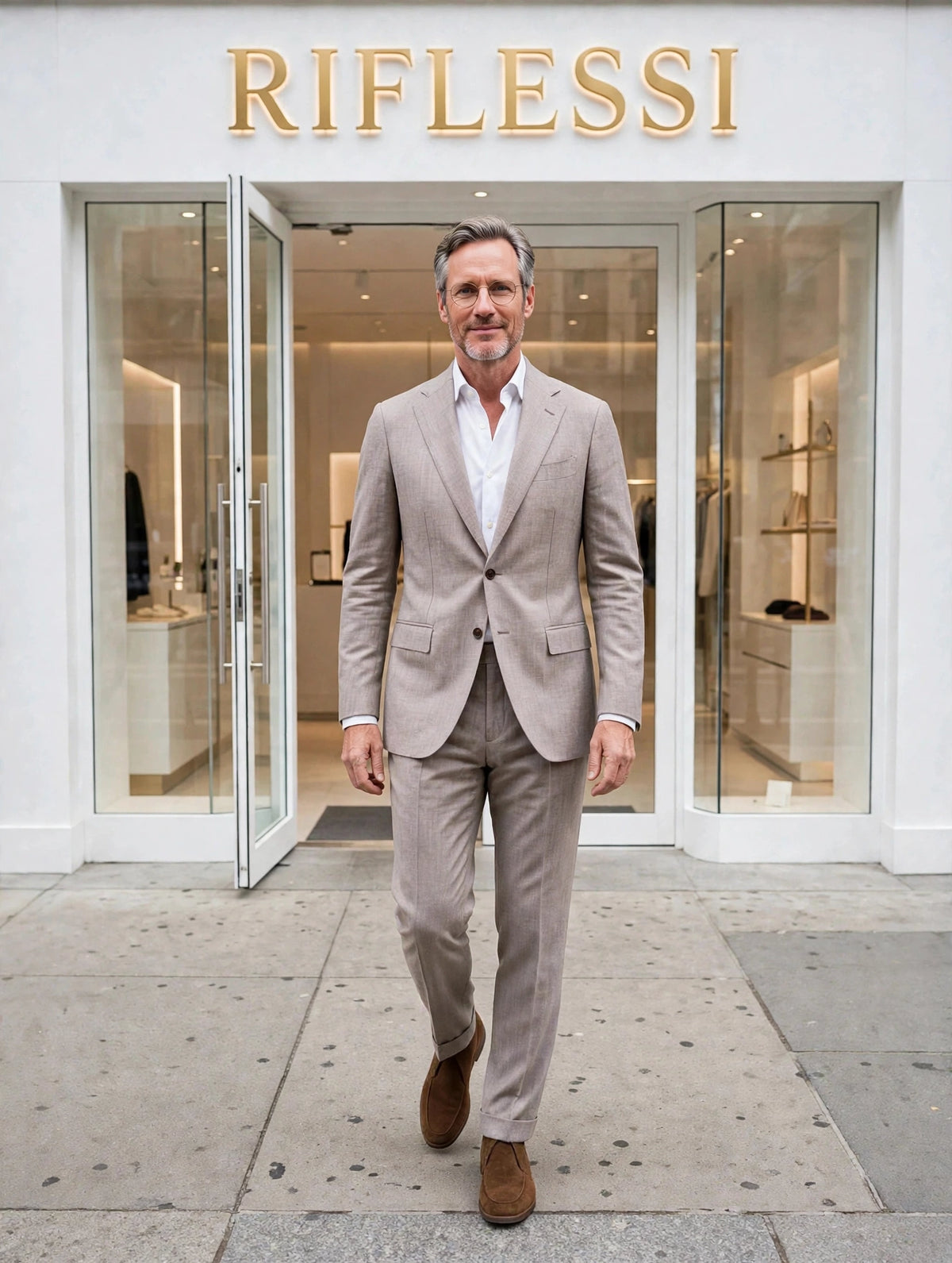Sartorio suit on model, white shirt
