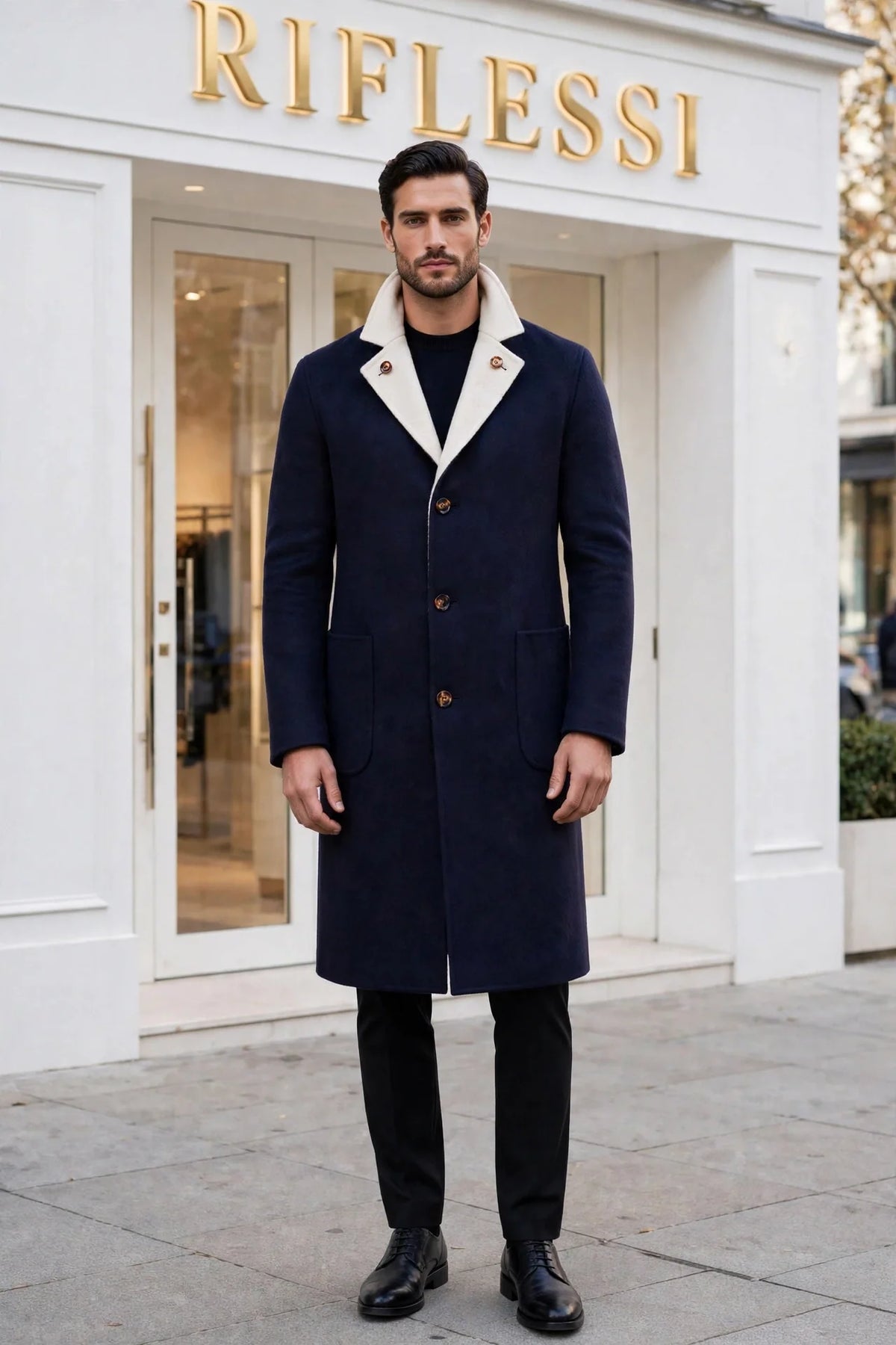 Kired by Kiton PARANA1 Cashmere Reversible Overcoat — Midnight Blue | Cream