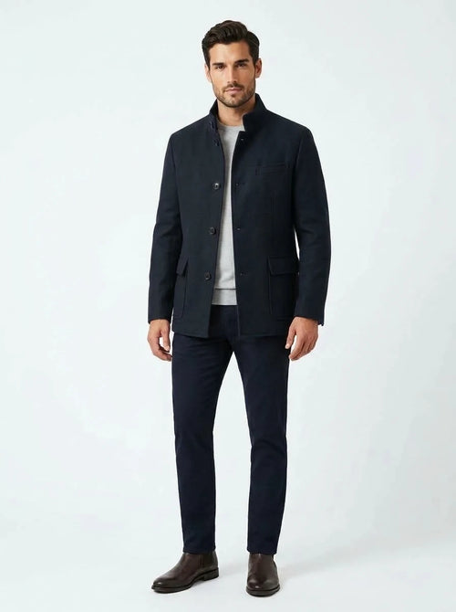 Navy Kired reversible coat on model