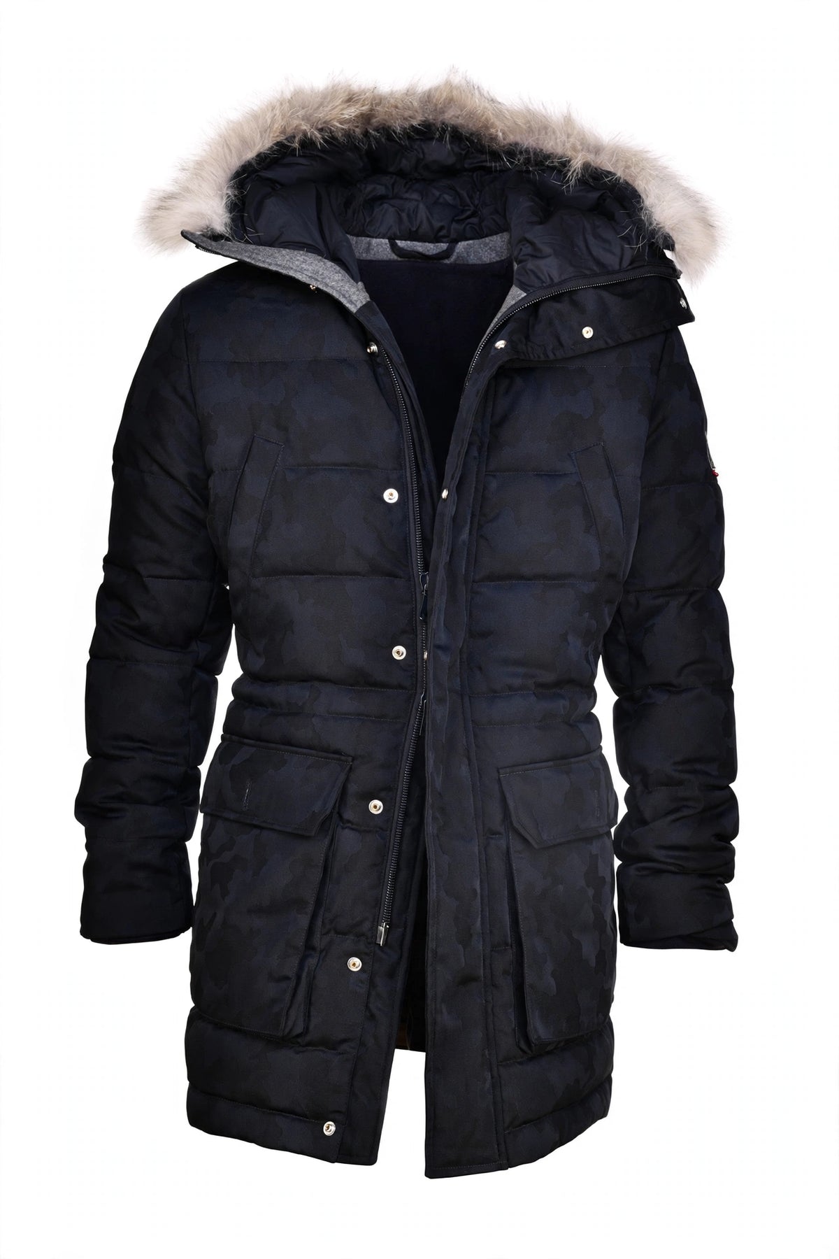 Eleventy Camo Nylon-Wool Coat w/ Removable Coyote Fur Trim Hood