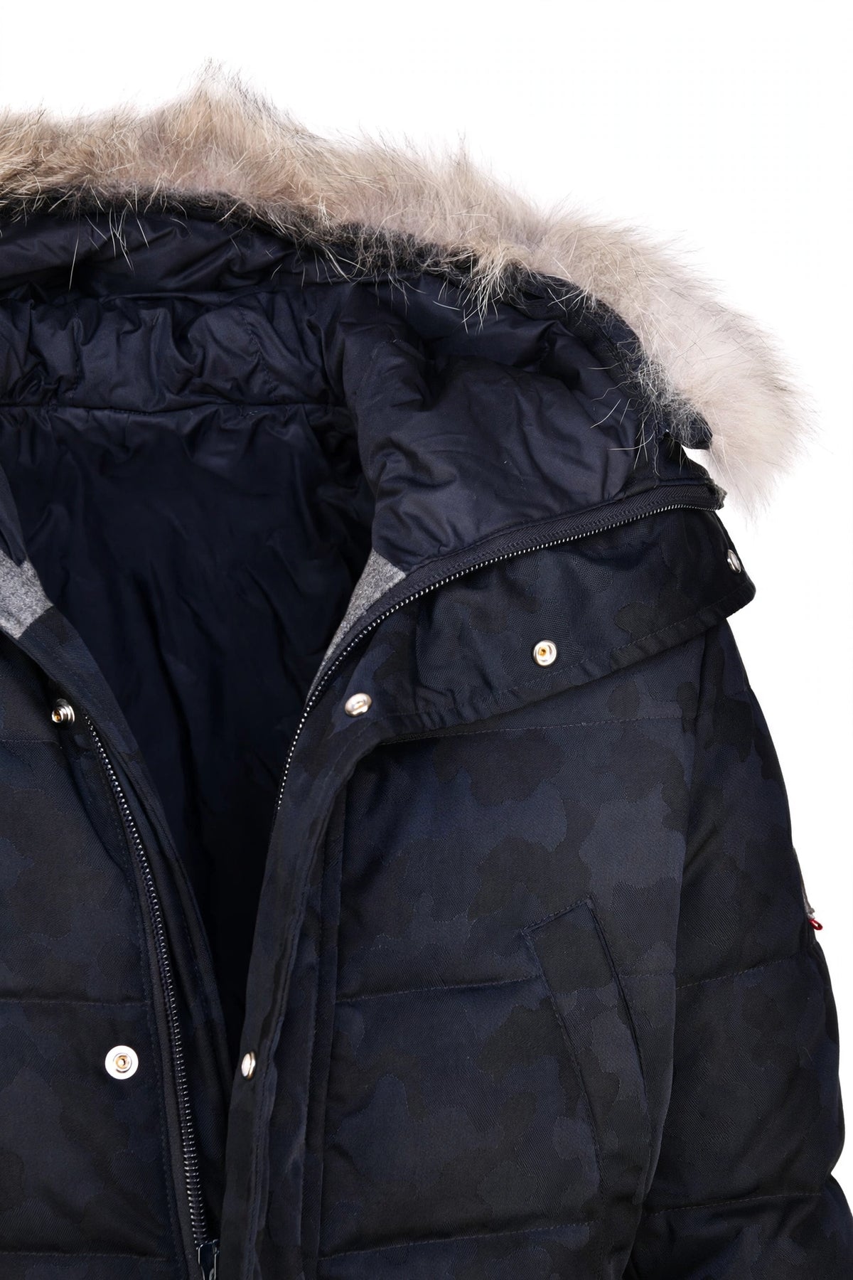 Eleventy Camo Nylon-Wool Coat w/ Removable Coyote Fur Trim Hood