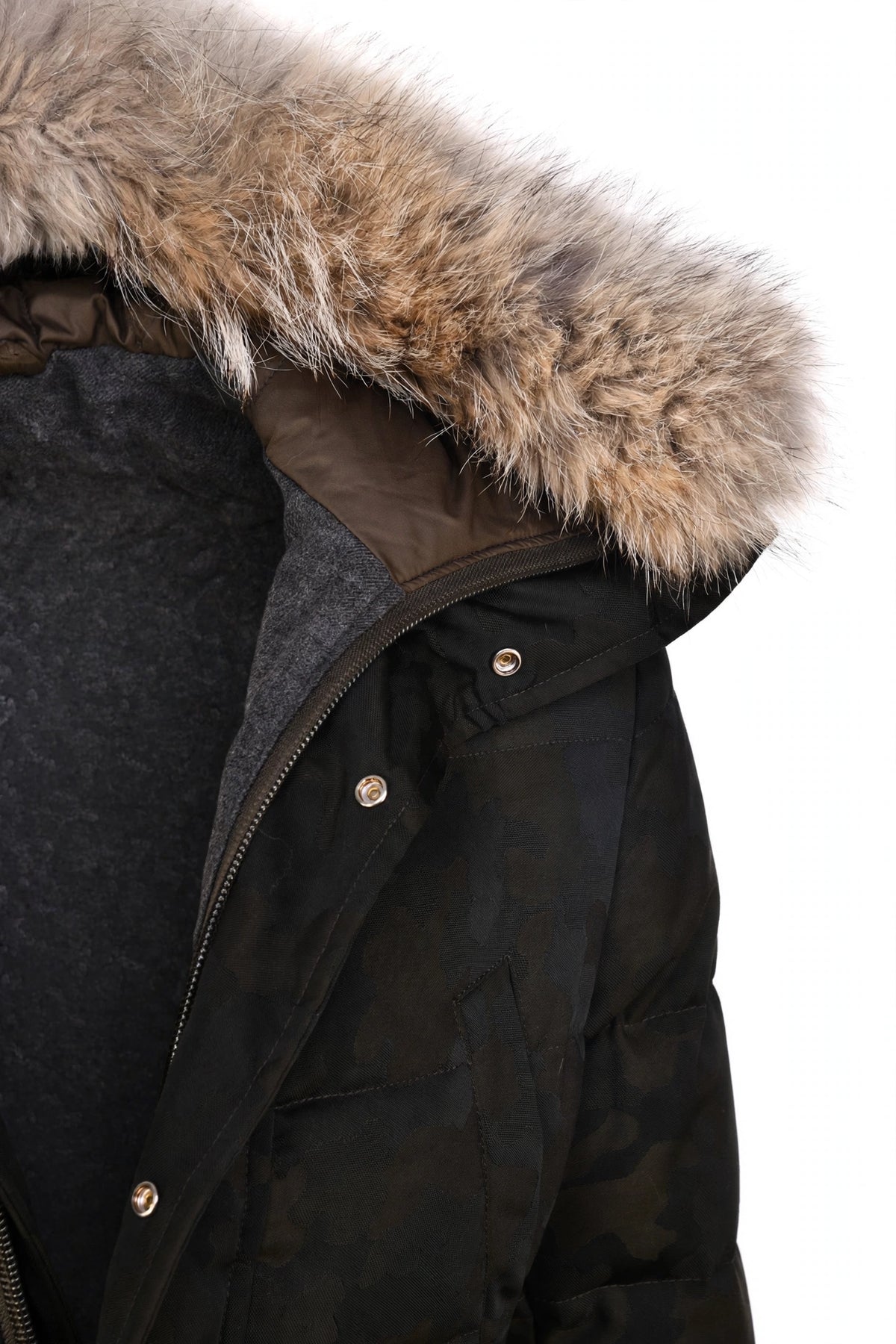 Eleventy Camo Nylon-Wool Coat w/ Removable Coyote Fur Trim Hood