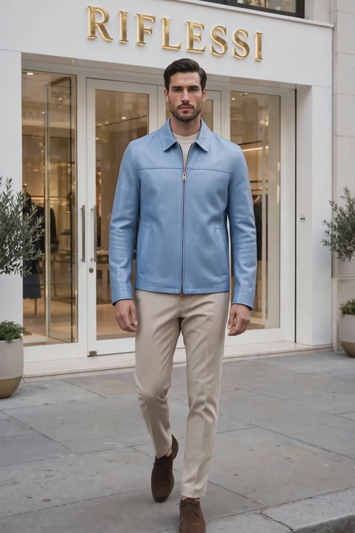 Kired Juan Lambskin Leather Zip-Up Jacket — Cornflower Blue