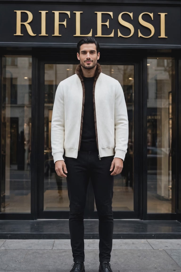 Sartorio Cashmere-Beaver Lined Bomber — Ivory fashion video, the model walks out of the Riflessi store, turns to show the back and settles facing the camera
