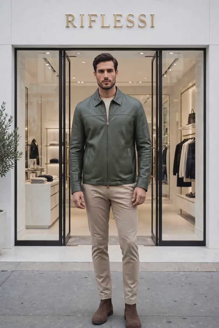 Kired Juan Lambskin Leather Zip-Up Jacket — Forest Green