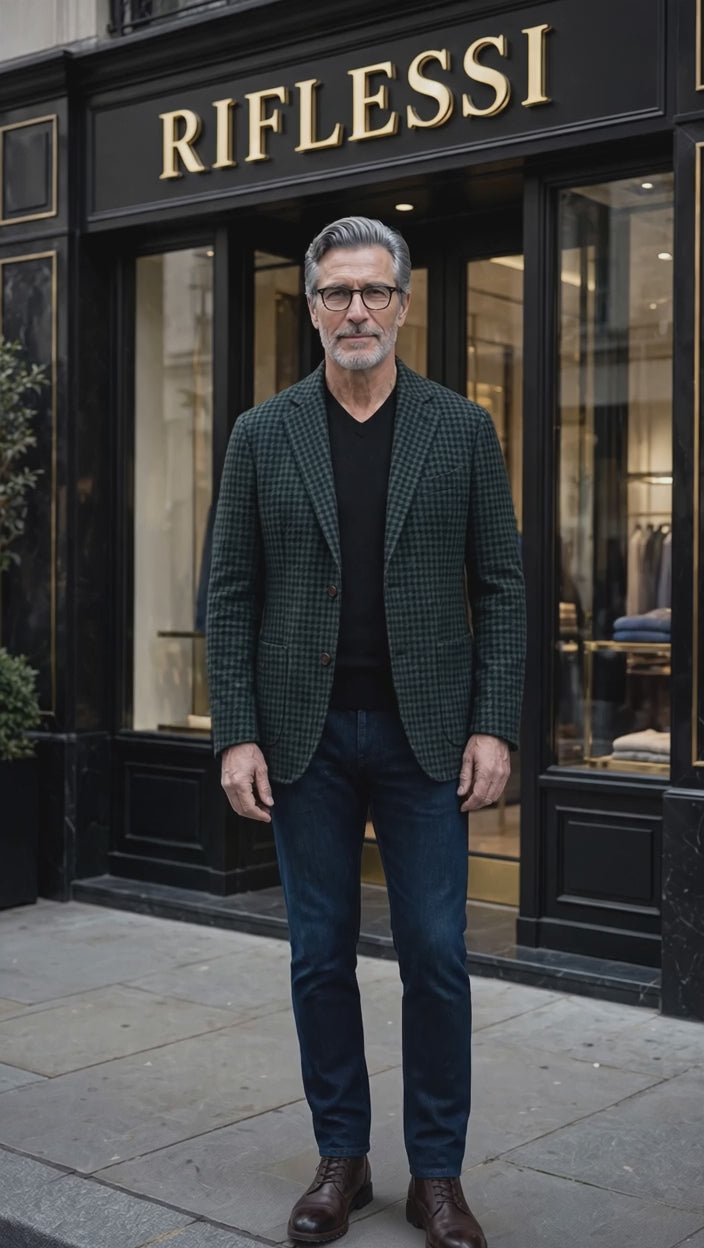 Sartorio Houndstooth Virgin Wool-Silk-Cotton Sport Jacket in forest green and black