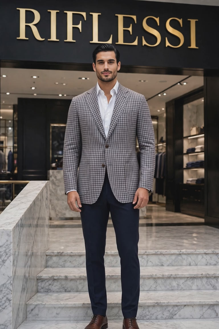 Sartorio shepherd check wool-silk-linen sport jacket — model on the Riflessi staircase