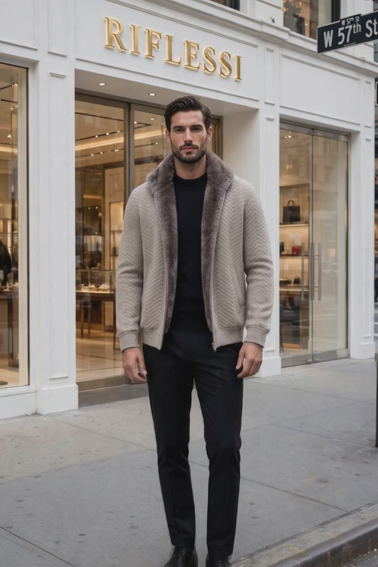 Sartorio Cashmere Blouson in Taupe fashion video, model in front of the Riflessi store
