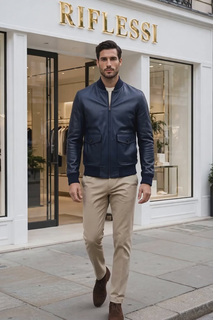 Kired by Kiton INN Lambskin-Virgin Wool Bomber — Midnight Blue