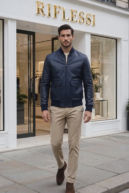 Kired by Kiton INN Lambskin-Virgin Wool Bomber — Midnight Blue