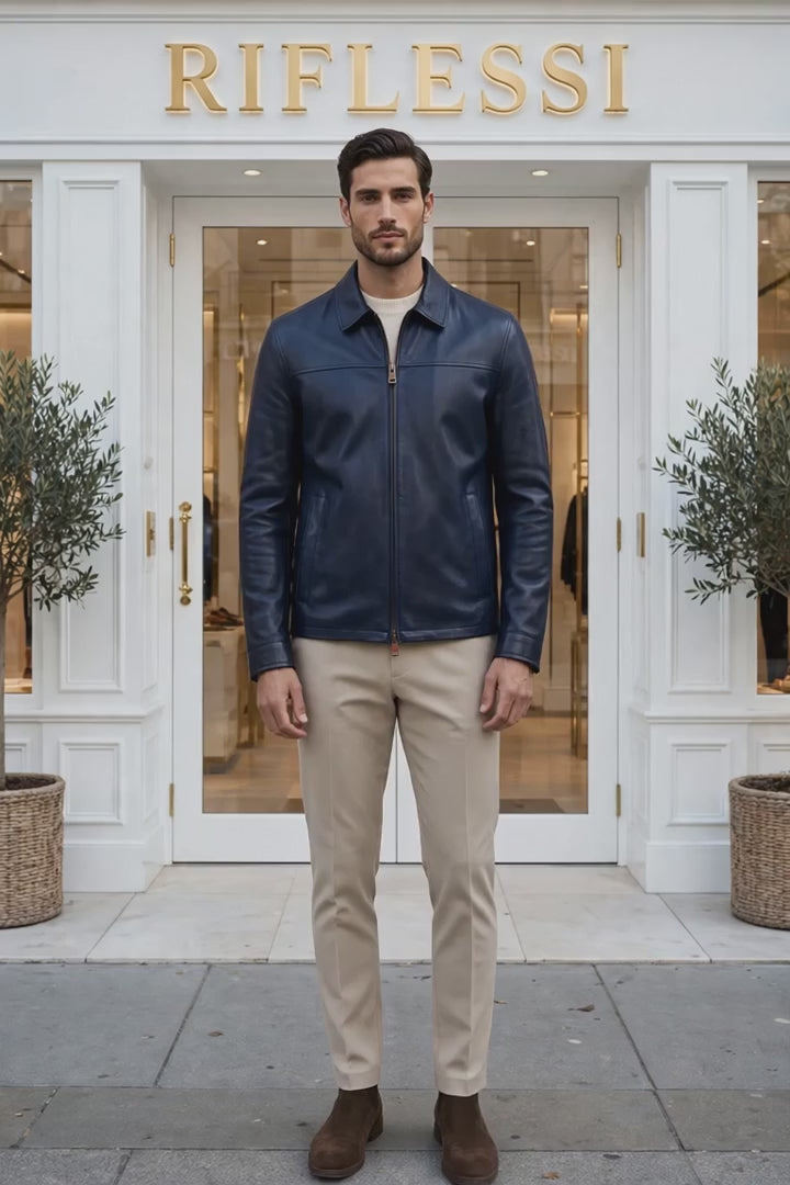 Kired Juan Lambskin Leather Zip-Up Jacket — Midnight Blue