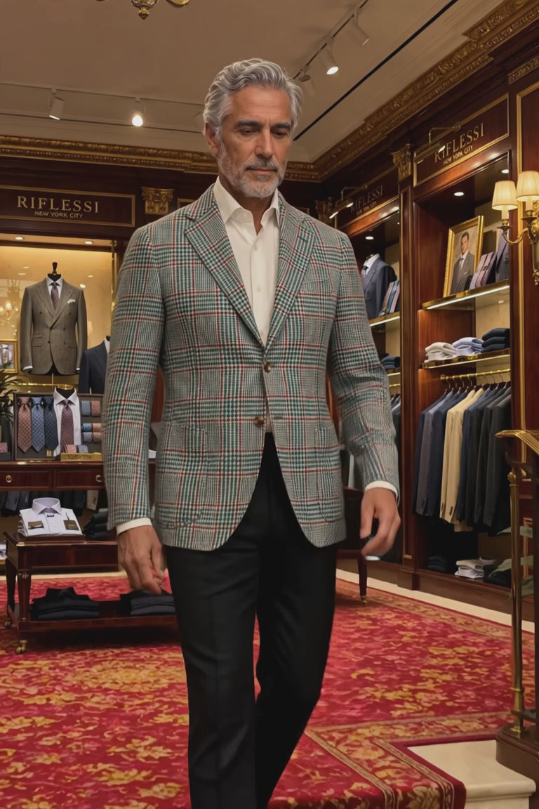 Sartorio Prince of Wales Wool Sport Jacket — Forest Green/ Cream — in the store