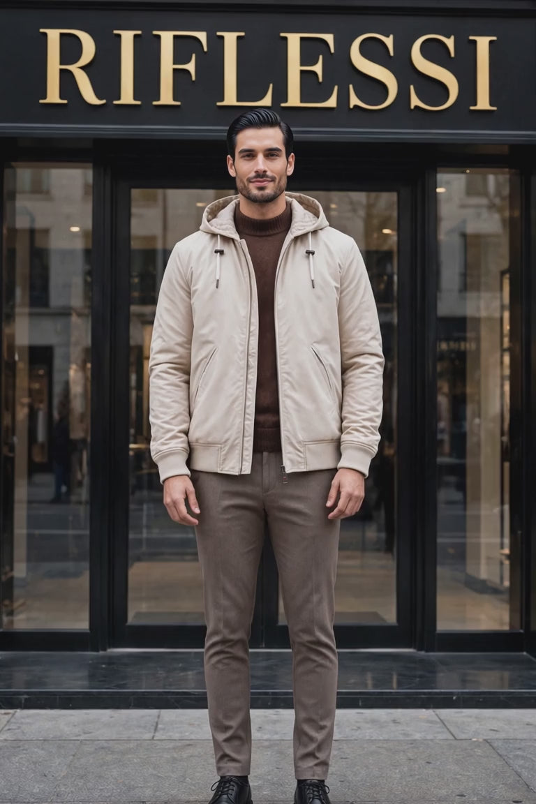 Kired Barwa Prince of Wales reversible jacket — beige rain side turns to cashmere check side at the Riflessi entrance