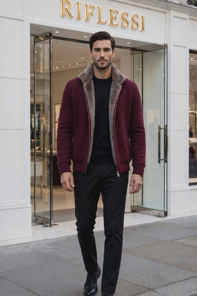 Sartorio Cashmere Blouson in Burgundy fashion video, model in front of the Riflessi store