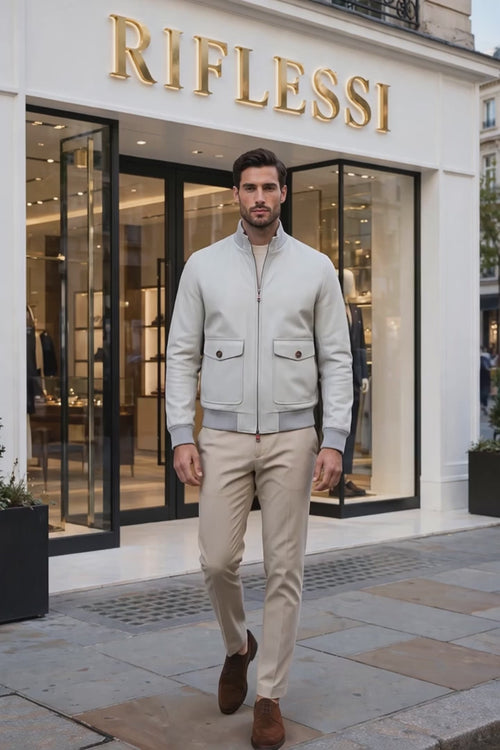 Kired by Kiton INN Lambskin-Virgin Wool Bomber — Light Grey