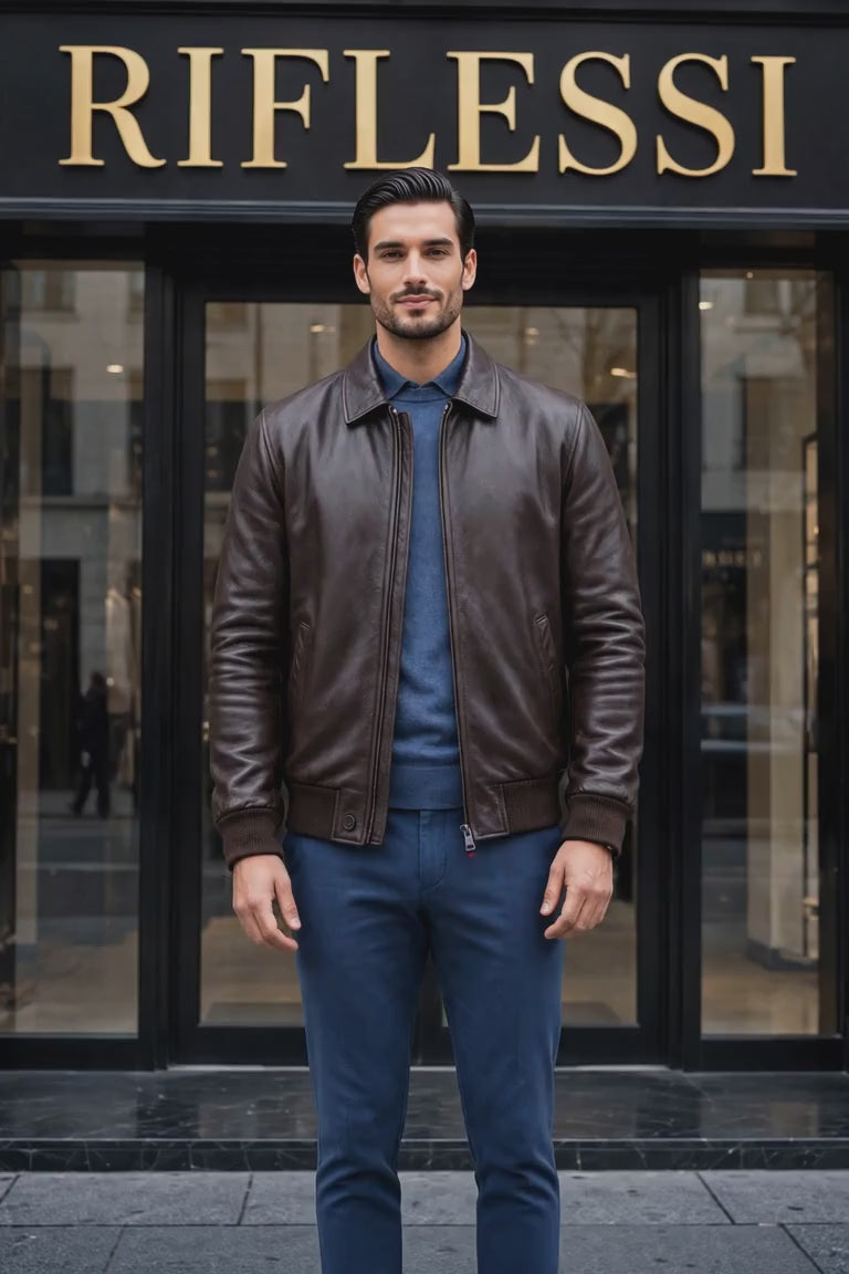 Kired PISA lambskin-cashmere reversible bomber — brown lambskin front, jump cut to navy cashmere back and front