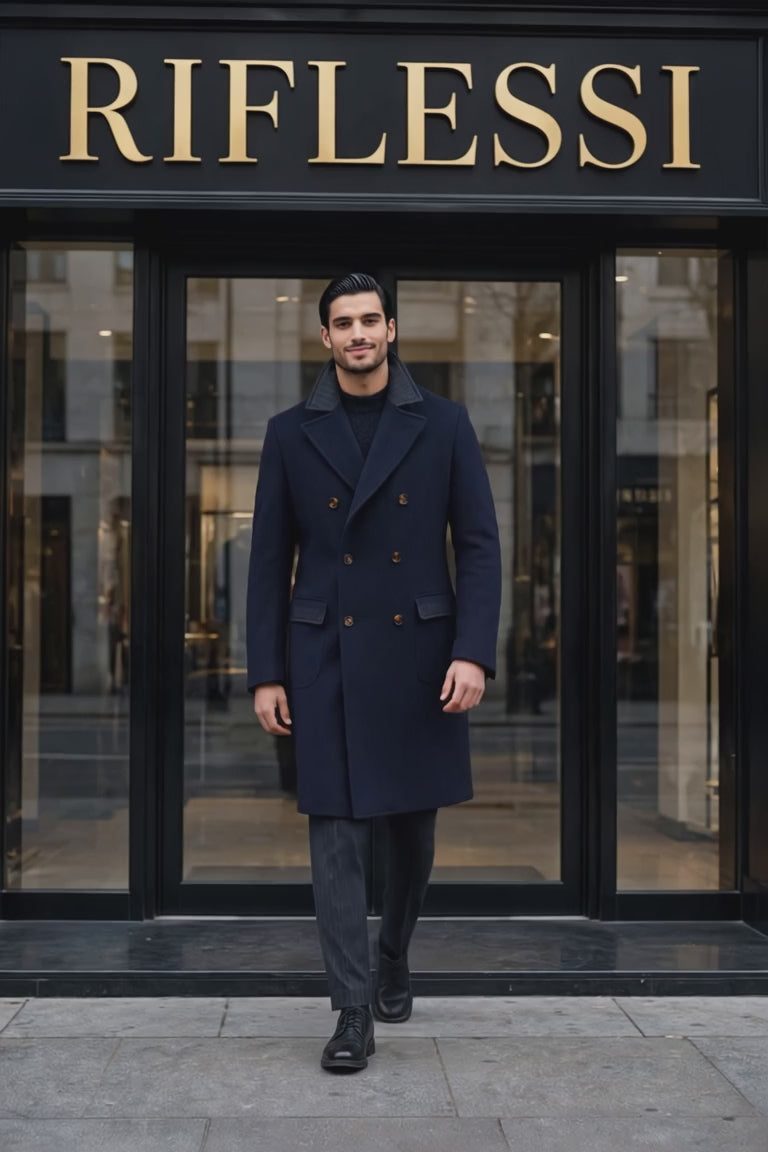 Kired Gyala Solid/ Pinstripe Nylon-Virgin Wool Double-Breasted Reversible Overcoat
