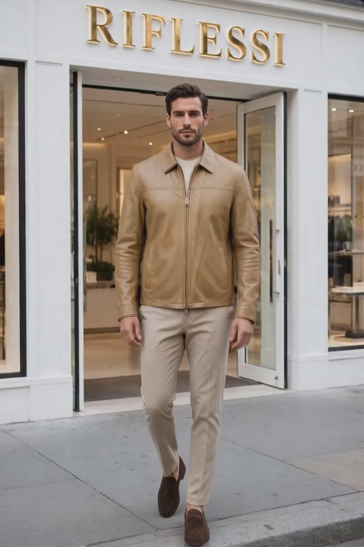 Kired Juan Lambskin Leather Zip-Up Jacket — Khaki