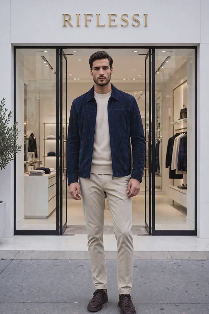 Kired Juan Lambskin Suede Zip-Up Jacket — Midnight Blue