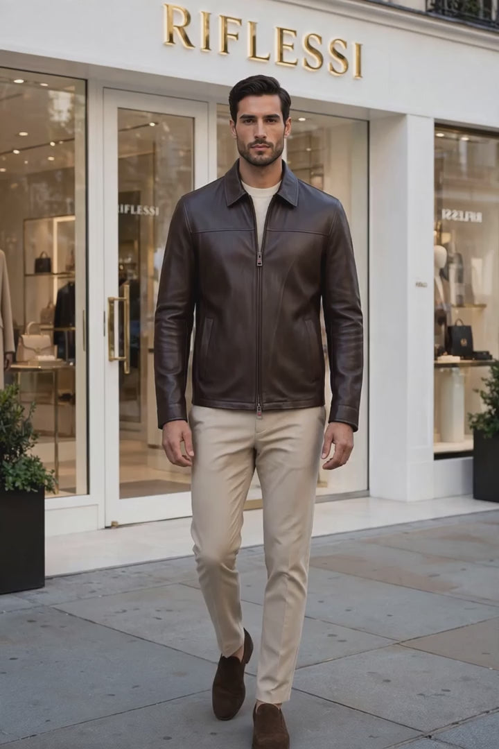 Kired Juan Lambskin Leather Zip-Up Jacket — Dark Brown