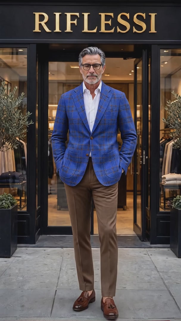 Sartorio Checked Virgin Wool-Silk-Cotton Sport Jacket — Royal Blue/ Orange