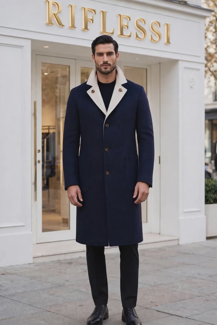 Kired by Kiton PARANA1 Cashmere Reversible Overcoat — Midnight Blue | Cream