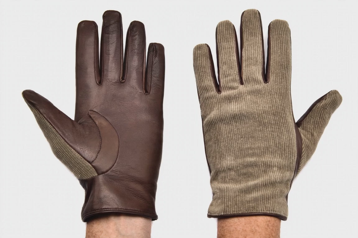Leather Suede Slip On Gloves Khaki Mocha - hands rotate 360