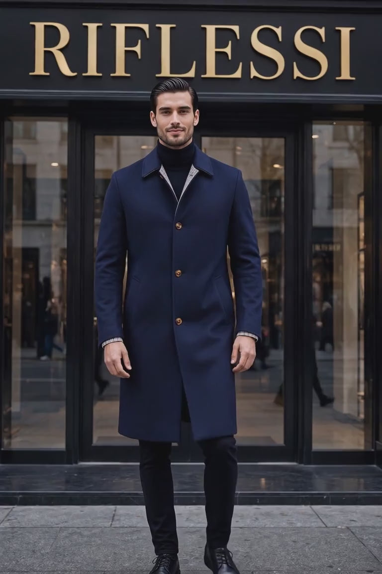 Kired by Kiton Peak Cotton Reversible Overcoat — midnight blue side, then light houndstooth cotton side, worn by the model at the Riflessi storefront