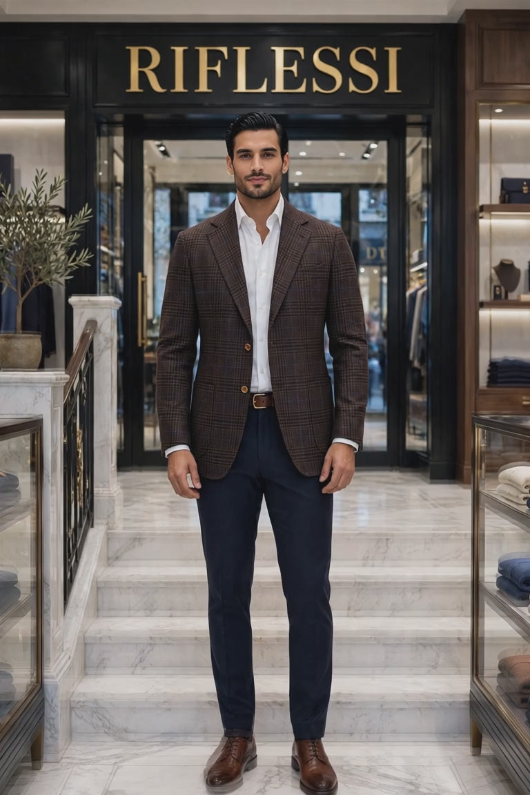 Sartorio Prince of Wales Virgin Wool Sport Jacket — model video on the Riflessi staircase