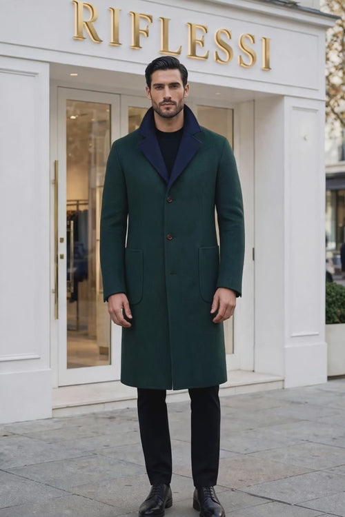 Kired by Kiton PARANA1 Cashmere Reversible Overcoat — Forest Green/ Midnight Blue