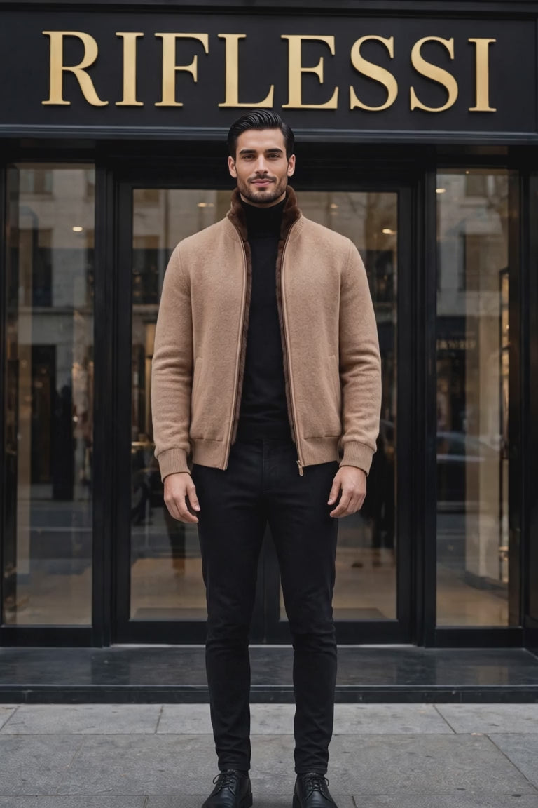 Sartorio Cashmere-Beaver Lined Bomber — Taupe fashion video, the model walks out of the Riflessi store, turns to show the back and settles facing the camera