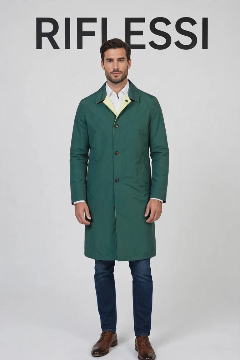 Ben Reversible Raincoat - model flips the coat