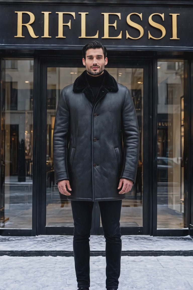 Hettabretz ISA Black Leather Buttoned Shearling Coat