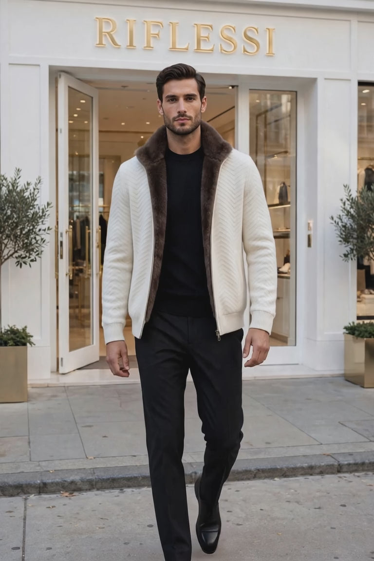 Sartorio Cashmere Blouson in Cream fashion video, model in front of the Riflessi store
