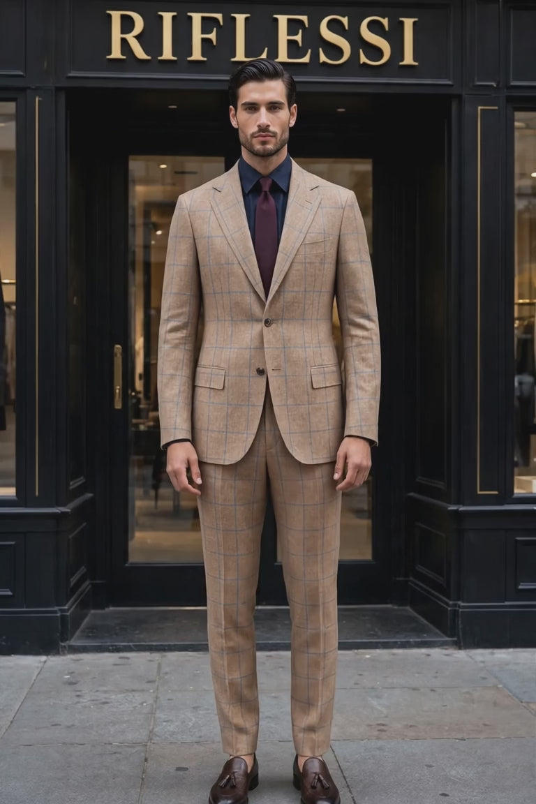 Sartorio Tan Windowpane Virgin Wool Suit