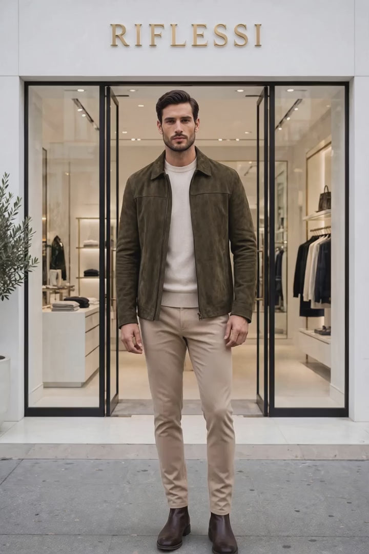 Kired Juan Lambskin Suede Zip-Up Jacket — Olive Green