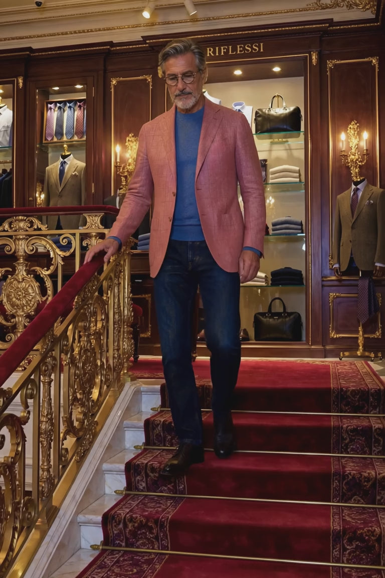 Sartorio Virgin Wool-Silk-Linen Windowpane Sport Jacket - stairs video