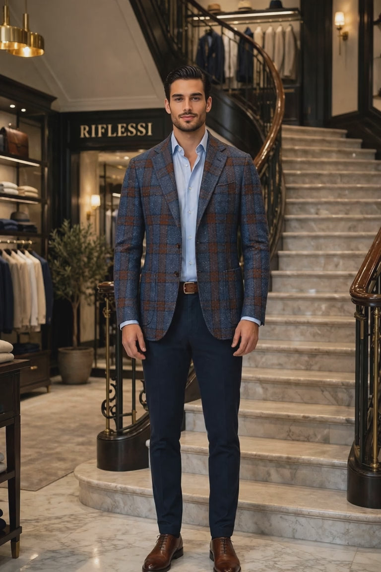 Sartorio Double Windowpane Wool-Silk-Linen Sport Jacket — model on the Riflessi staircase
