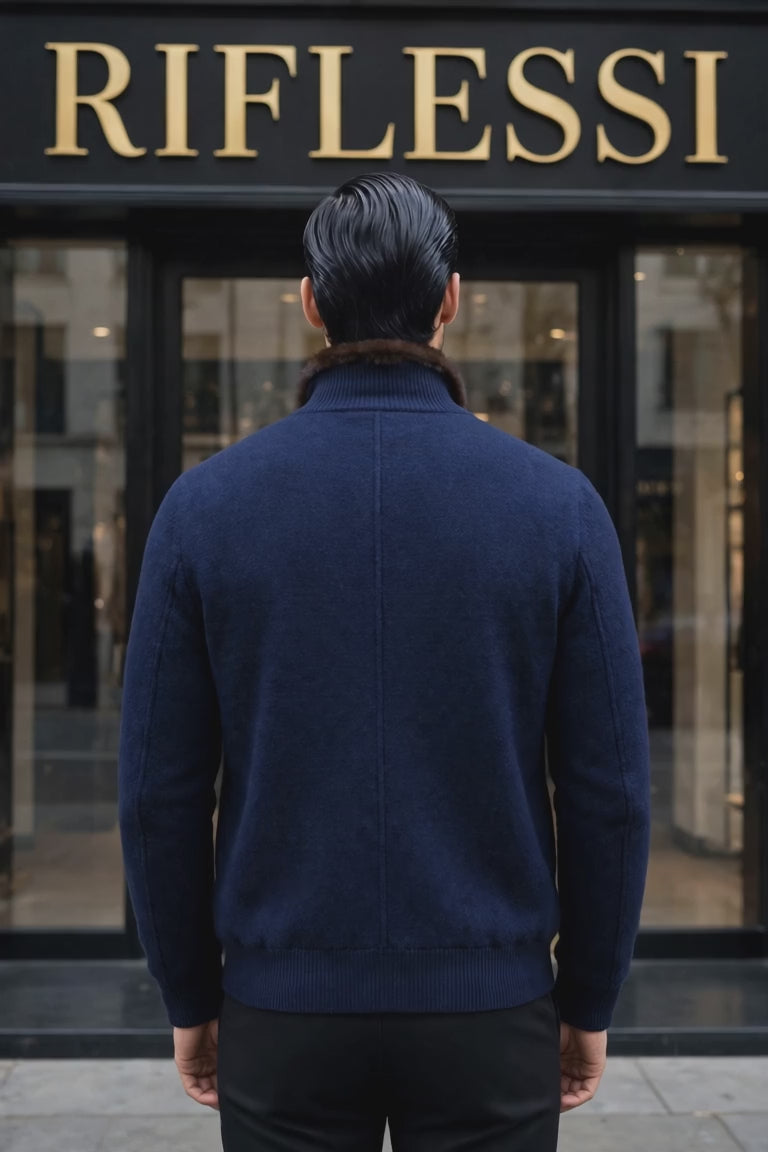 Sartorio Cashmere-Beaver Lined Bomber — Dark Blue fashion video, the model walks out of the Riflessi store, turns to show the back and settles facing the camera