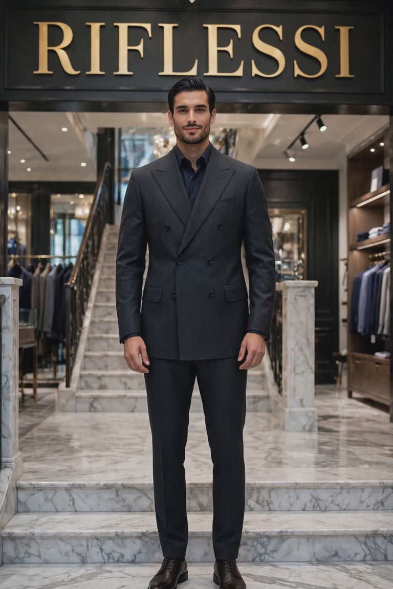 Sartorio dark grey double-breasted wool suit — staircase video, young model