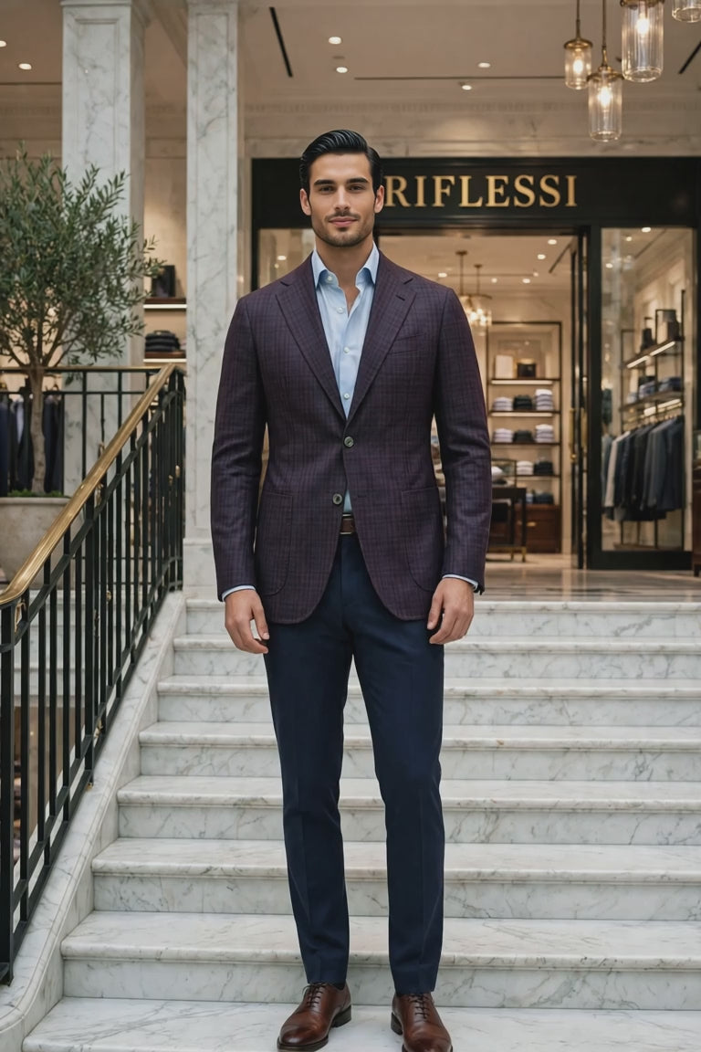 Sartorio Checked Virgin Wool Sport Jacket — model on the Riflessi staircase