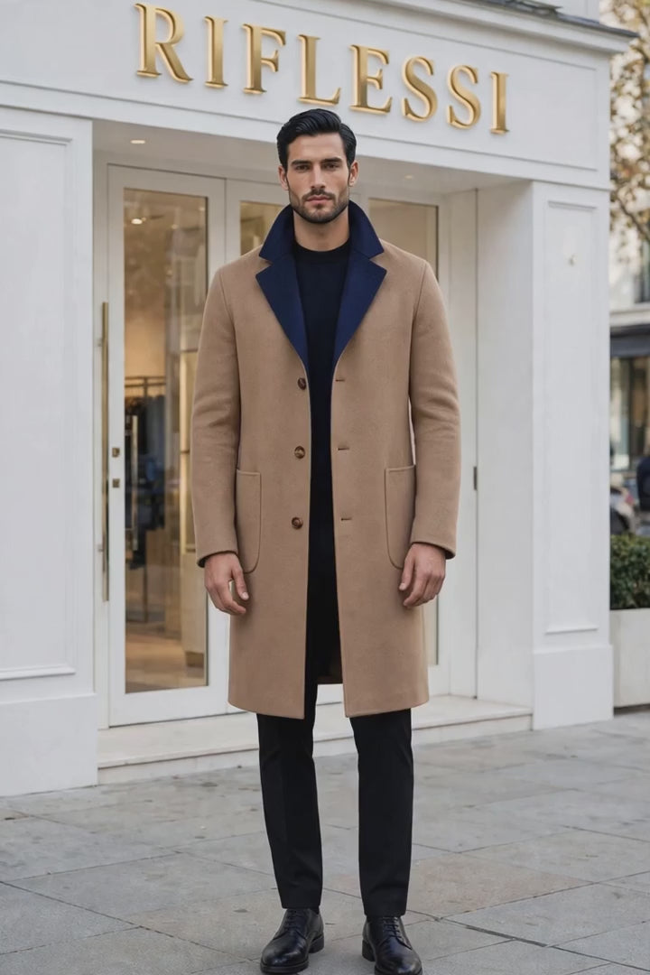 Kired by Kiton PARANA1 Cashmere Reversible Overcoat — Tan | Midnight Blue