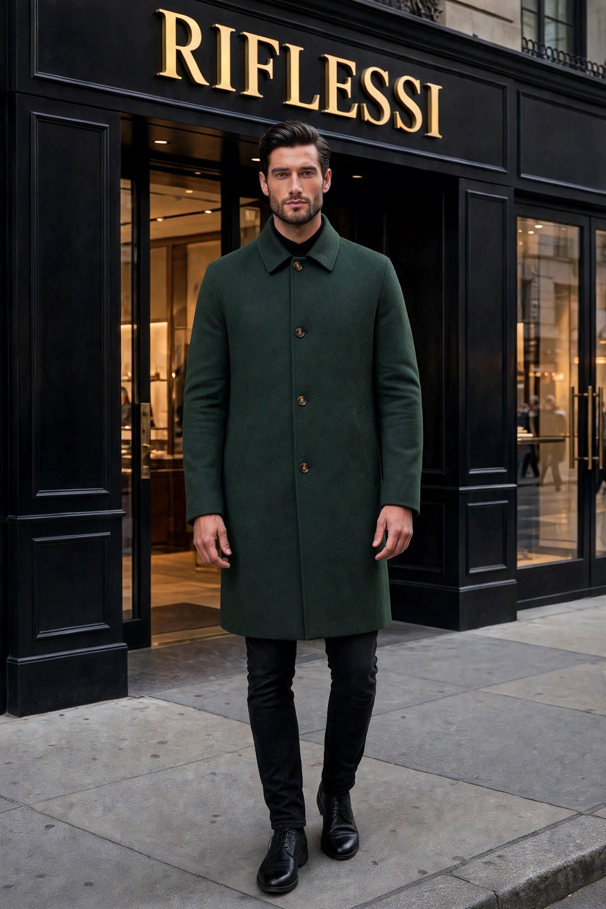 Kired Peak Reversible Cashmere Overcoat — Green / Charcoal