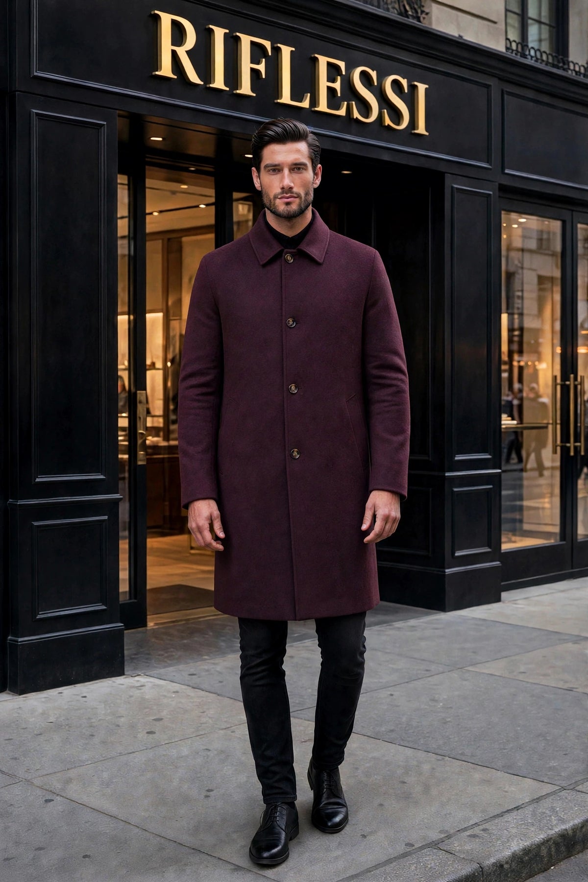 Kired Peak Reversible Cashmere Overcoat — Burgundy / Black