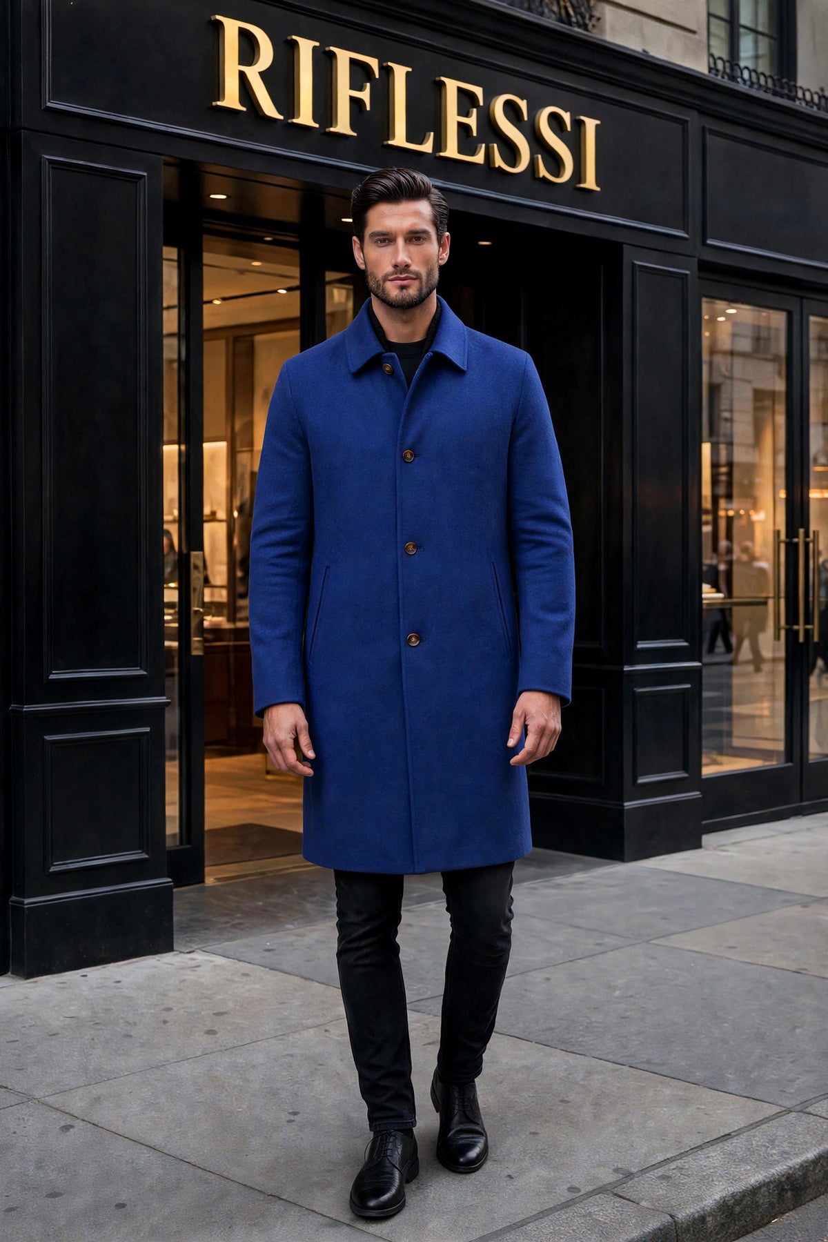 Kired Peak Reversible Cashmere Overcoat — Royal Blue / Beige