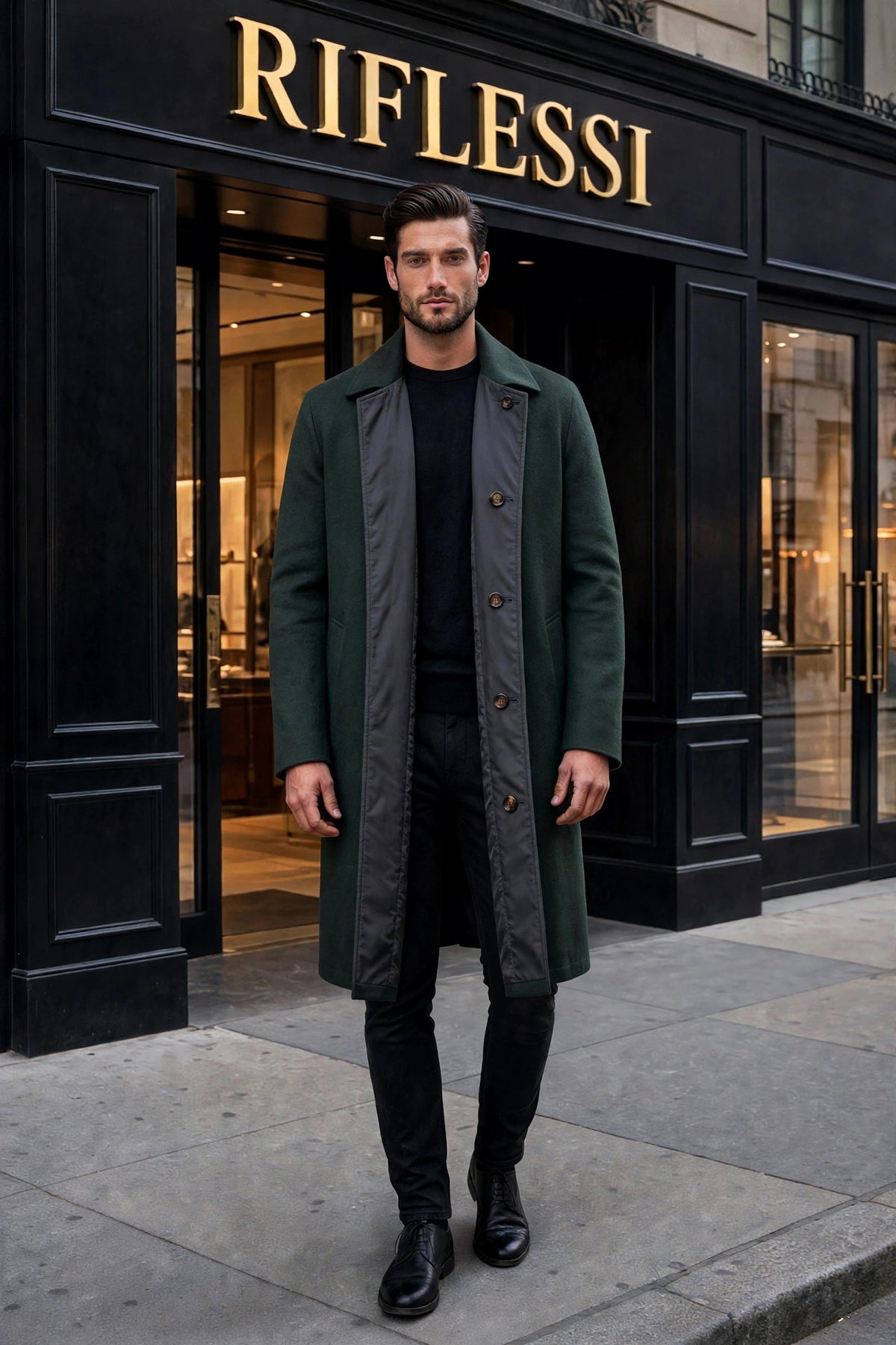 Kired Peak Reversible Cashmere Overcoat — Green / Charcoal