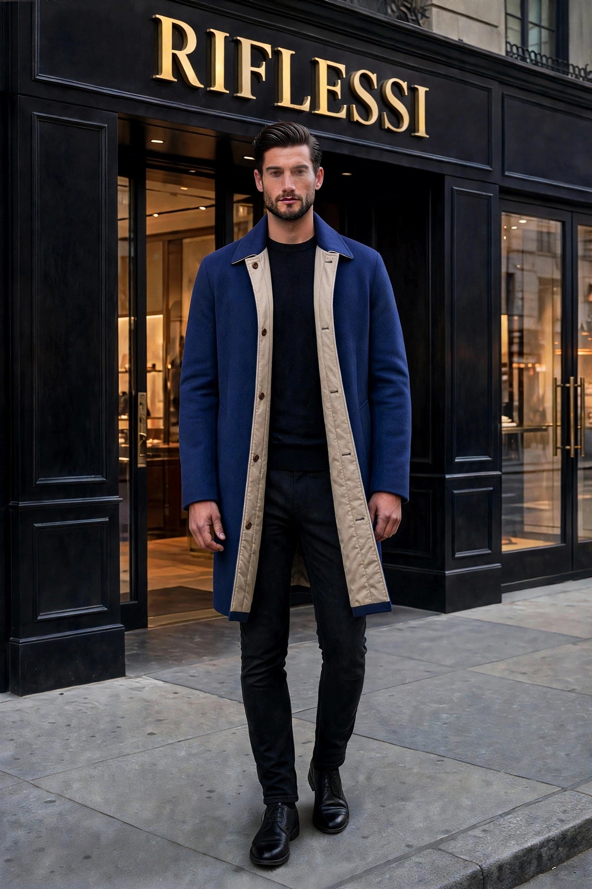 Kired Peak Reversible Cashmere Overcoat — Royal Blue / Beige
